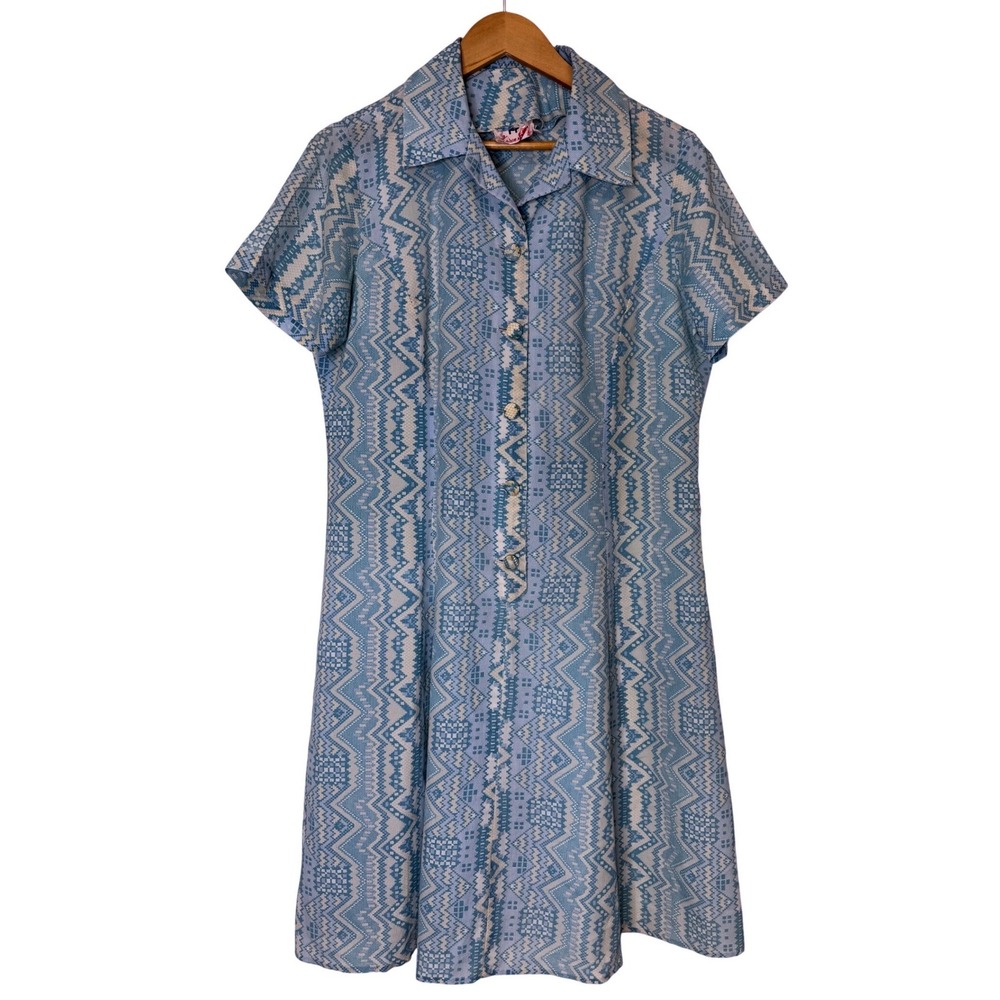 Vintage Karen Kan Blue Geometric Chevron Print Short Sleeve Shift Dress 70s Mod